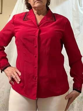 Laura Scott Red Button-Down Shirt with Black Embroidered Trim
